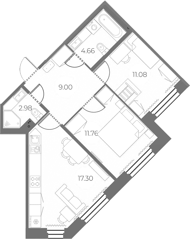 2-комнатная квартира 56.78 м², 2/18 эт., ЖК «Огни Залива»